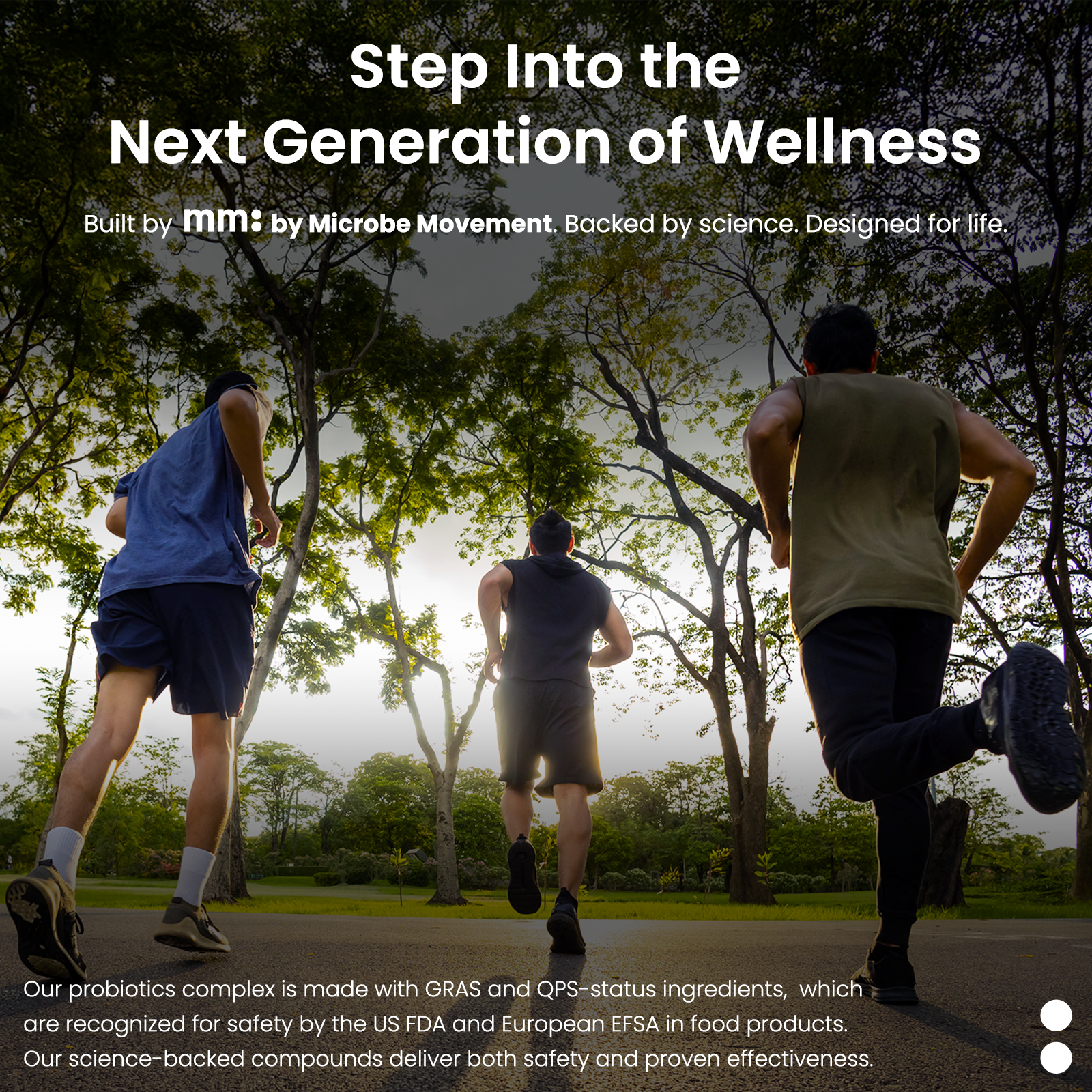 Three people running outdoors with a scenic background and promotional text about mm Multi Fuel wellness and recovery after drinking.