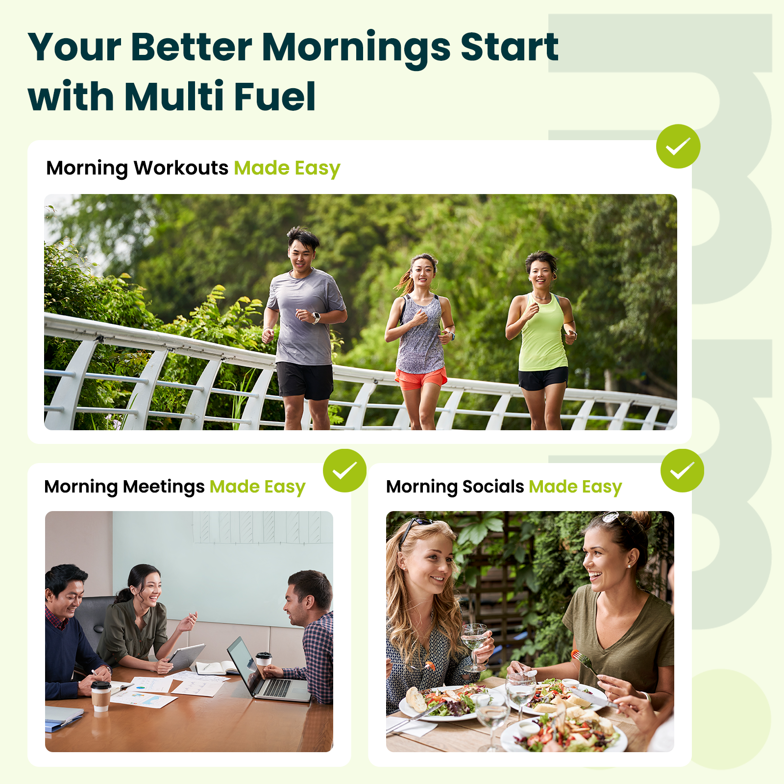 Graphic for mm Multi Fuel with images of people exercising, meeting, and eating brunch after a night out.